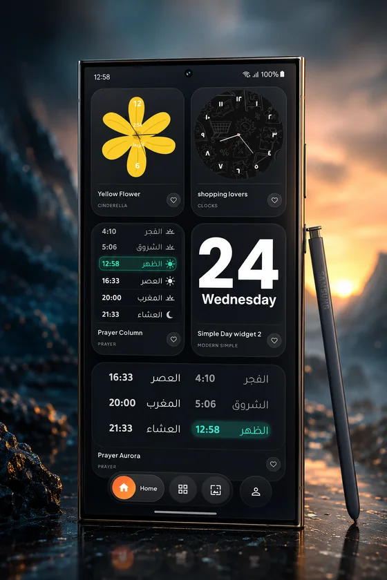 Prayer time widgets and day widgets on a Samsung phone